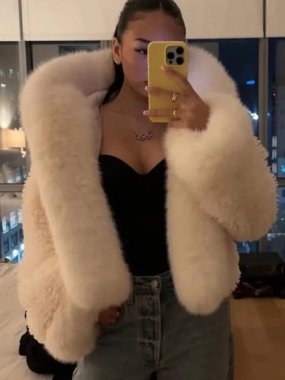 Plush Cream Teddy Jacket with Oversized Collar - Women